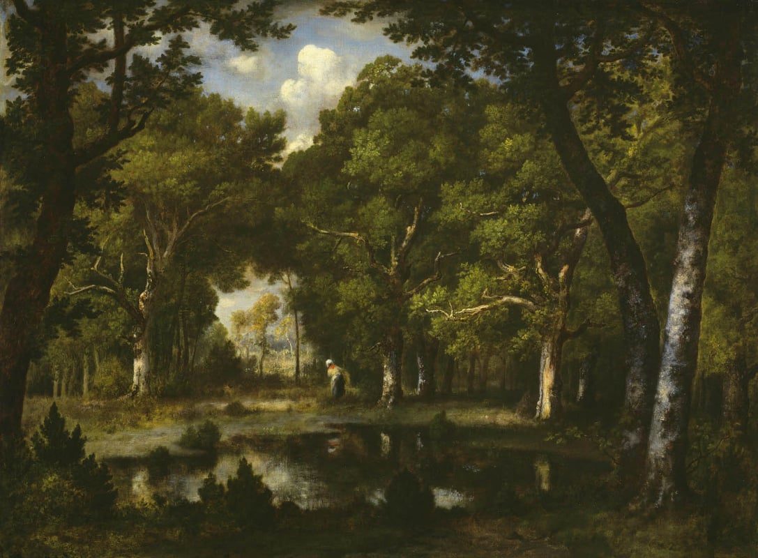 Classical painting of a woodland glade with a woman gathering something in the background.