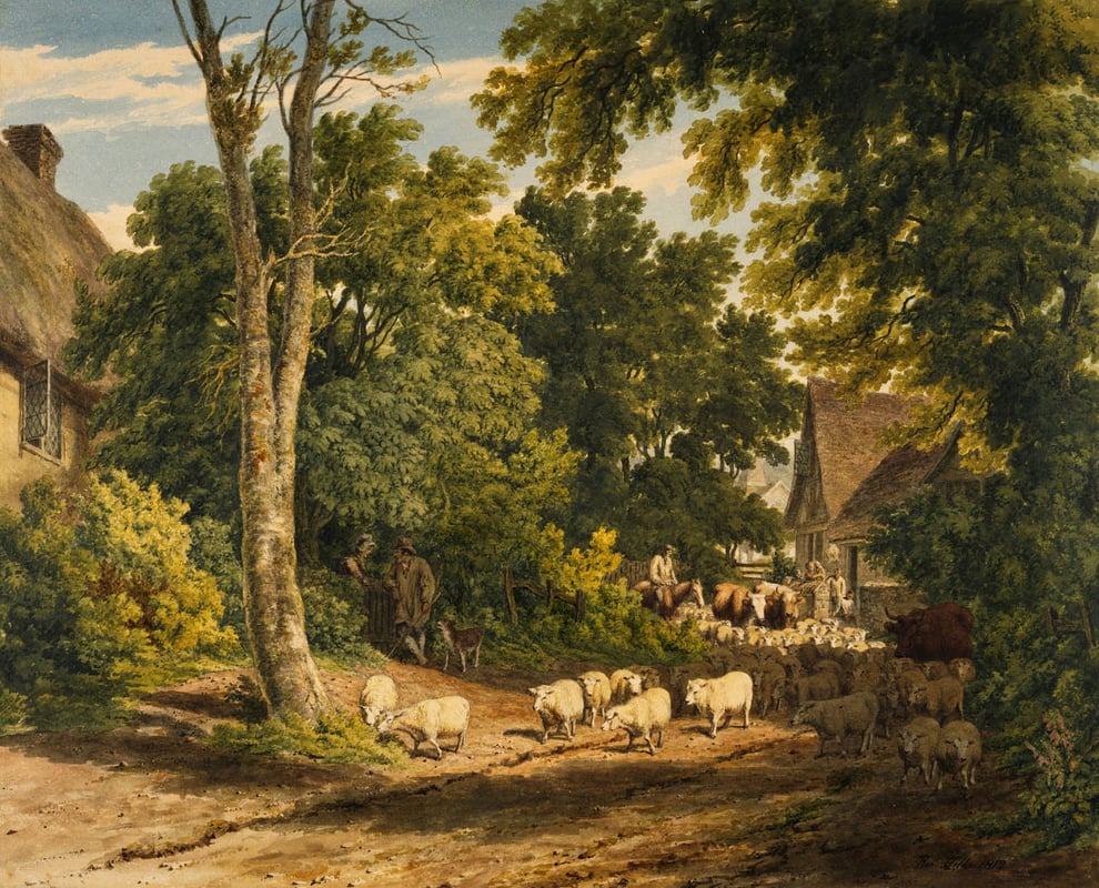 a painting of a sheep herd