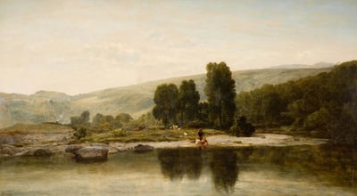 Painting of two people on a river bank with trees in the background.