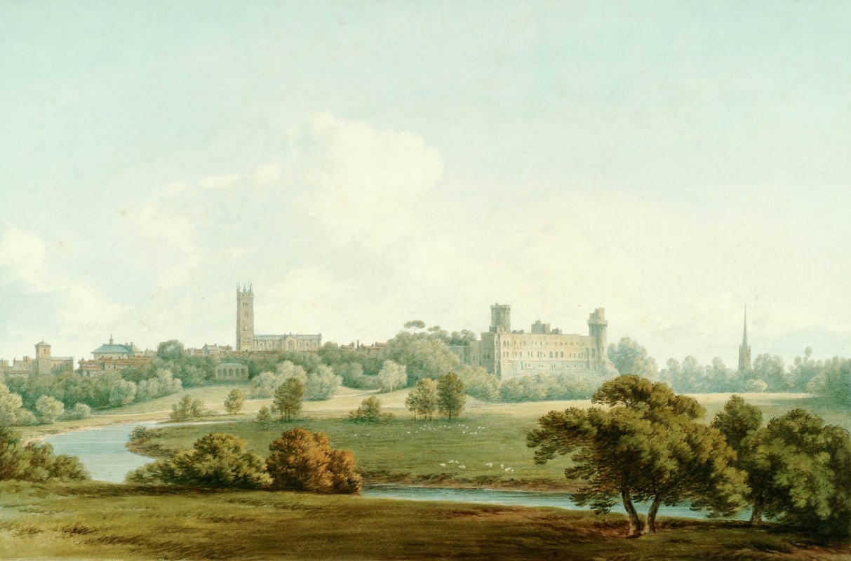 Classical painting of a green landscape and river with a large fort and church in the background.