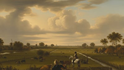 Painting of a large green field filled with livestock and a man on horseback.