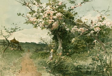Classical painting of a pathway in the countryside with a floral bush hanging over it and a small child picking flowers underneath it.