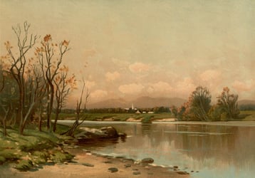 Classical painting of a riverbank with sparse trees and the sun setting.