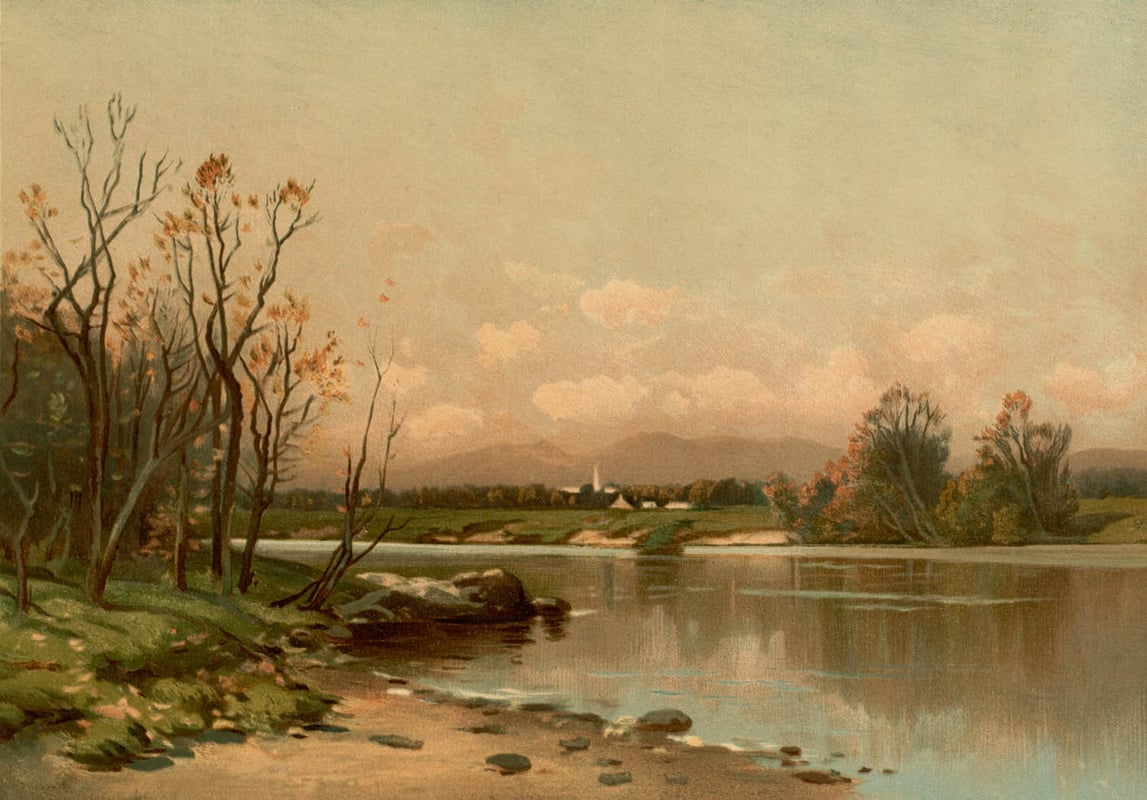 Classical painting of a riverbank with sparse trees and the sun setting.