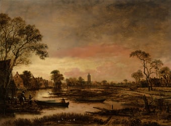 A painting of the countryside at dusk