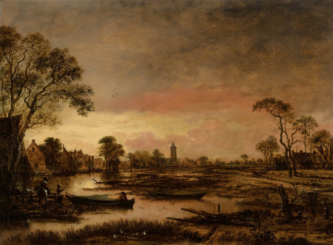A painting of the countryside at dusk