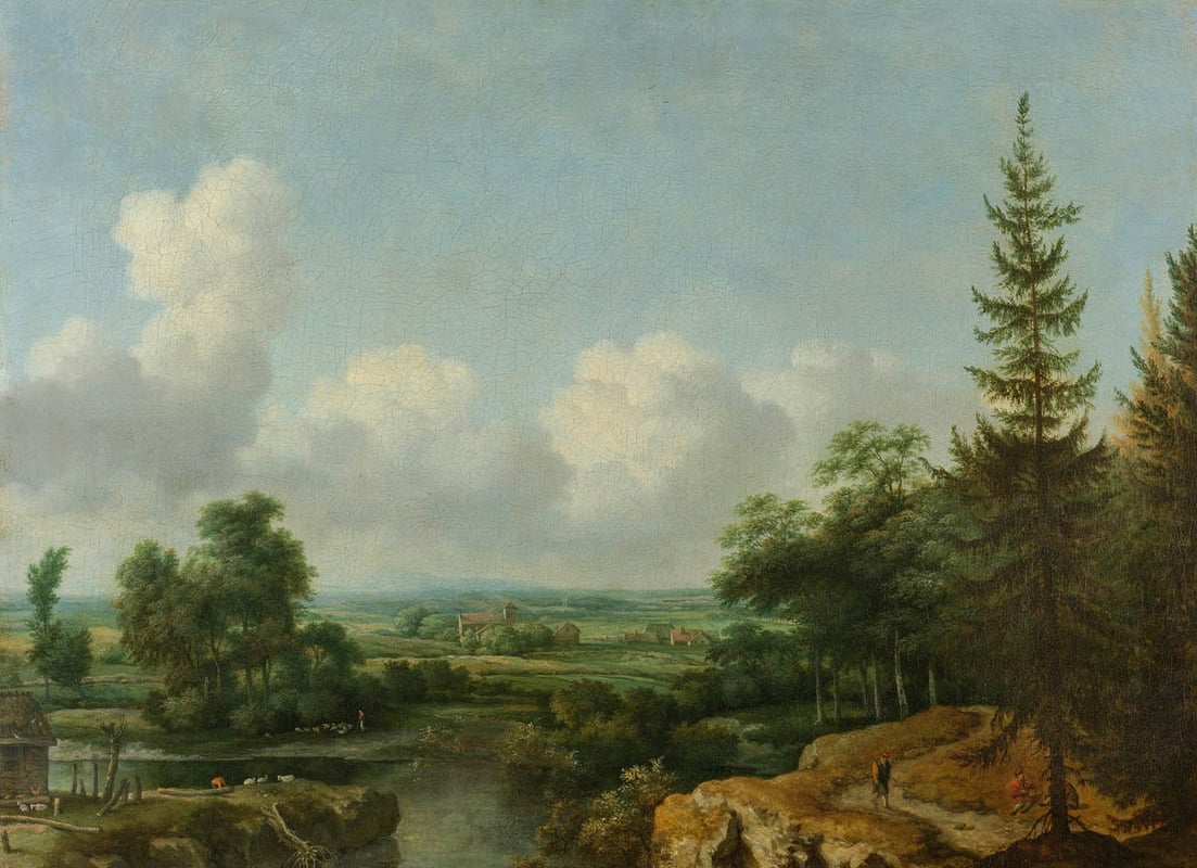 Painting of a rural village in the distance.