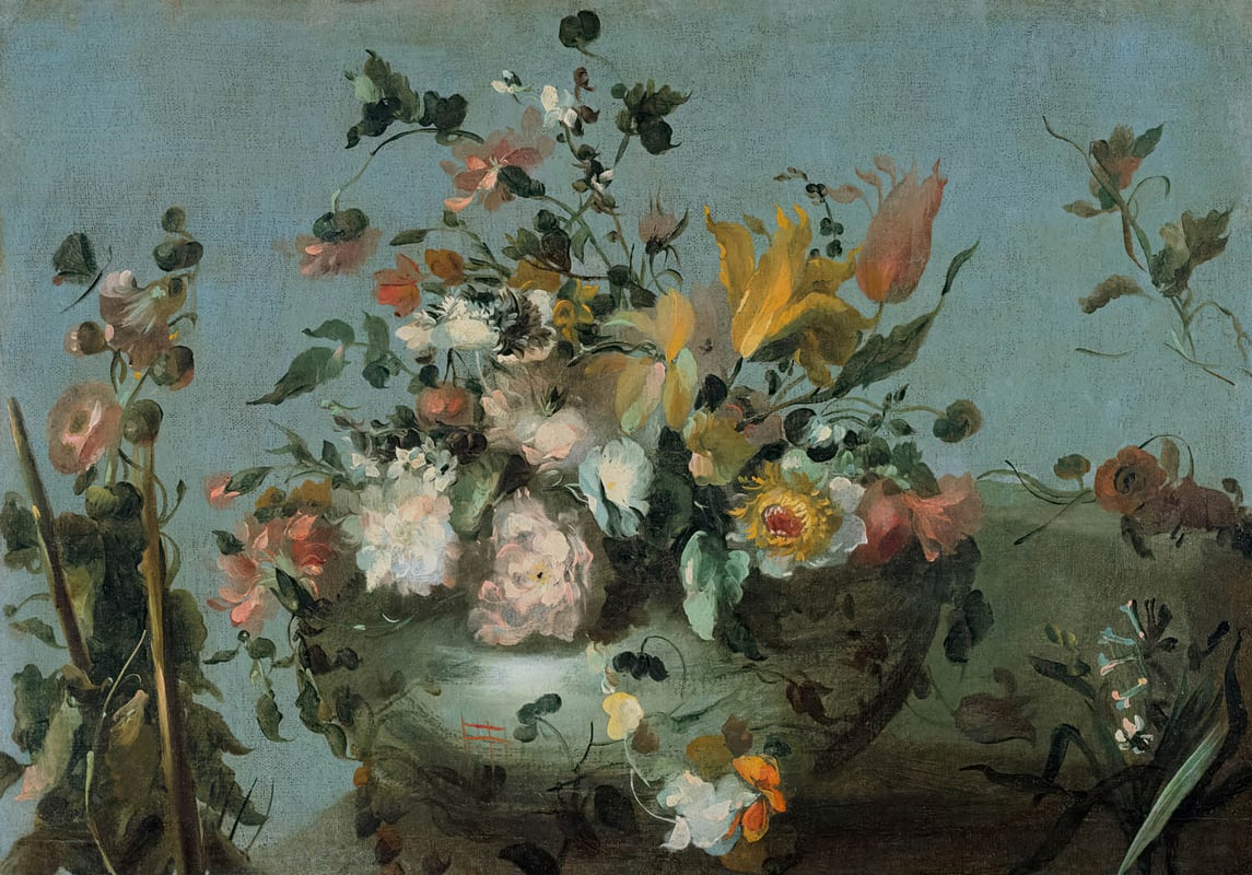 a painting of a vase of flowers