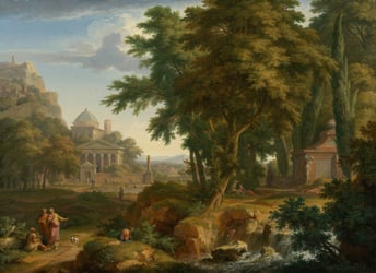 Classical painting of an ancient town surrounded by woods.