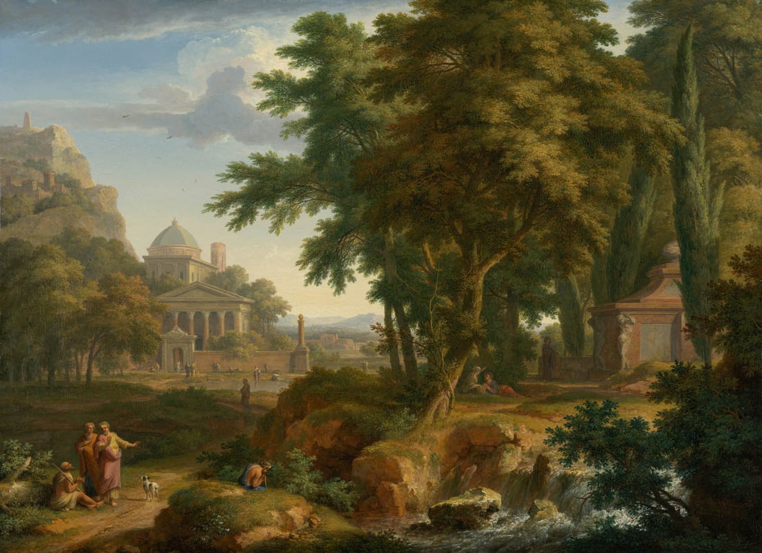 Painting of an ancient town on the edge of a forest with robed people in the foreground.