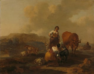 Painting of a woman milking a goat while another woman and a cow stand next to them.