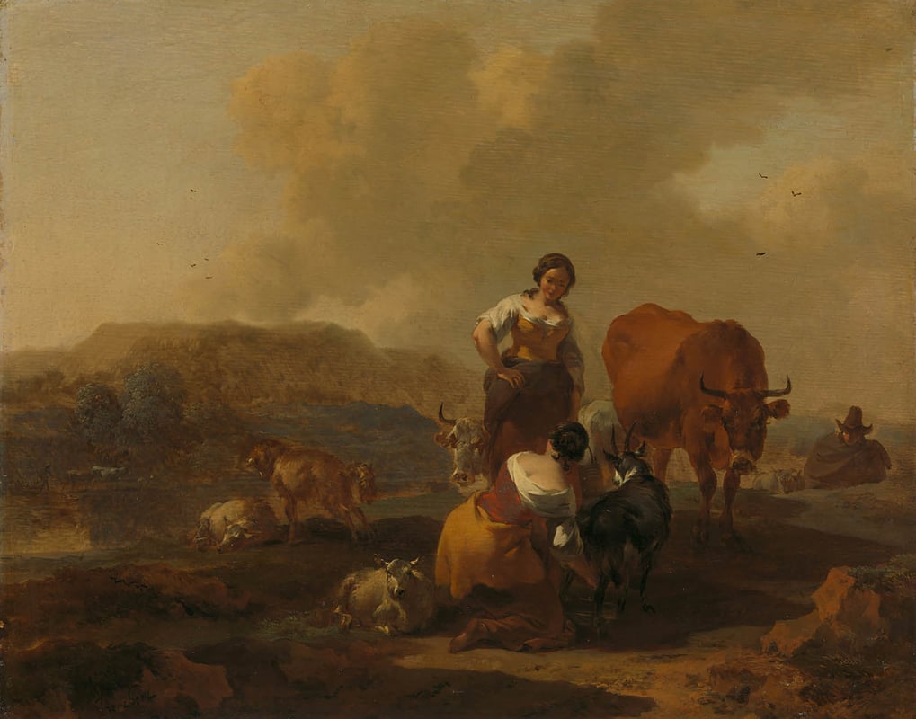 Classical painting of two women next to a goat and cow in a field with more cows and goats in the background.