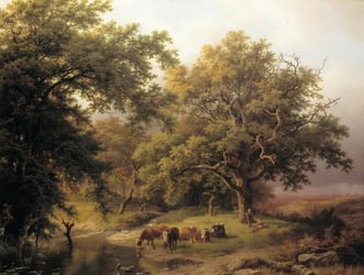 Classical painting of cows in a wooded area with herders.