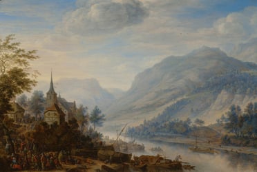 Classical painting of a village on a hill next to a river with mountains in the background.