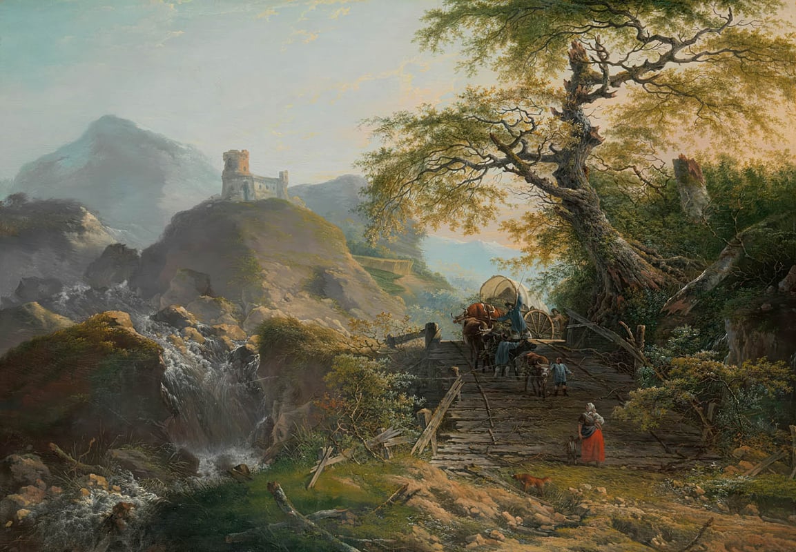 Painting of people with a wagon cresting a hill with a waterfall and a hill fort in the background.