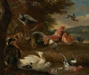 a painting of gossiping poultry