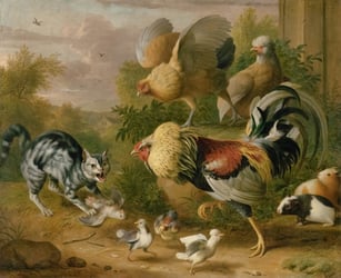 Classical painting of a cat face to face with some hens and cockerels.