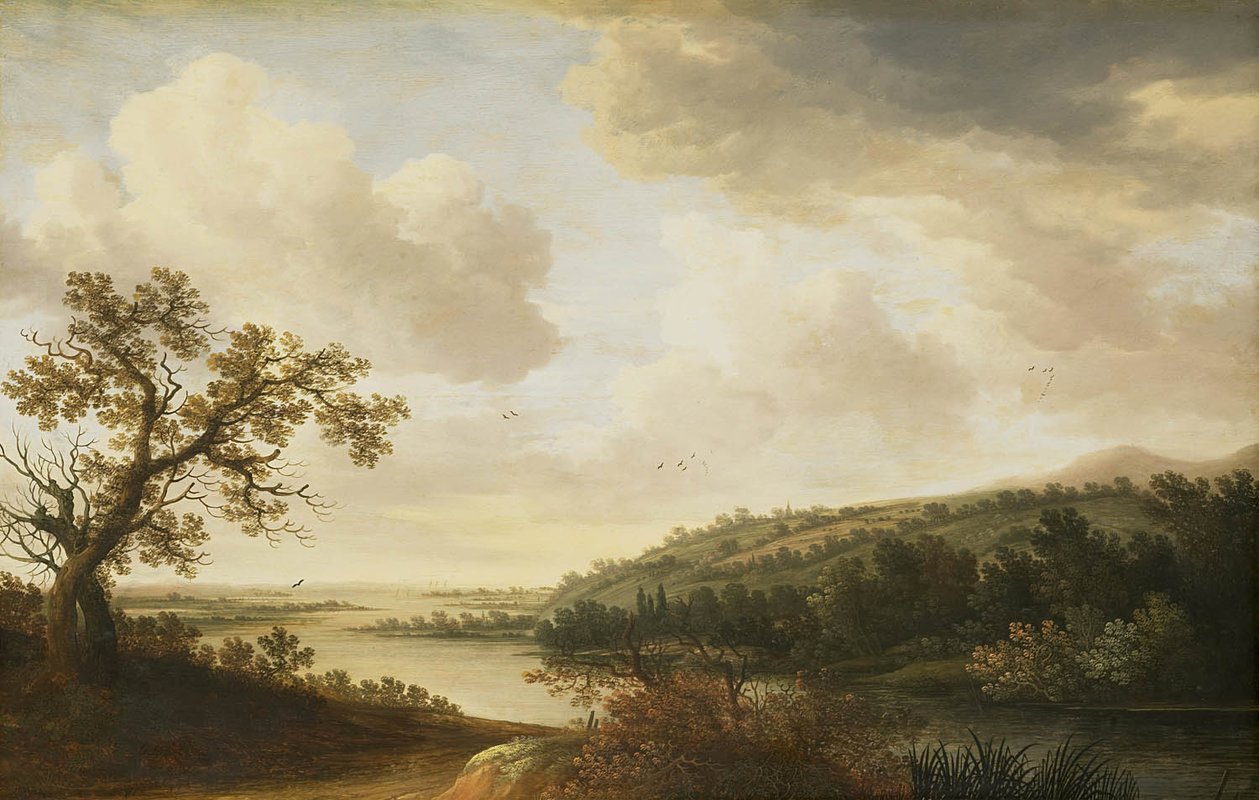 Classical painting of trees on a riverbank at dusk.