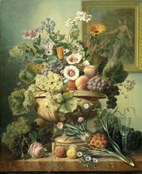 Fine art paintinf of vase of flowers and fruit