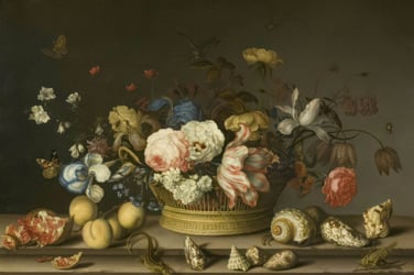 Classical painting of a still life arrangement of flowers, fruit and shells.