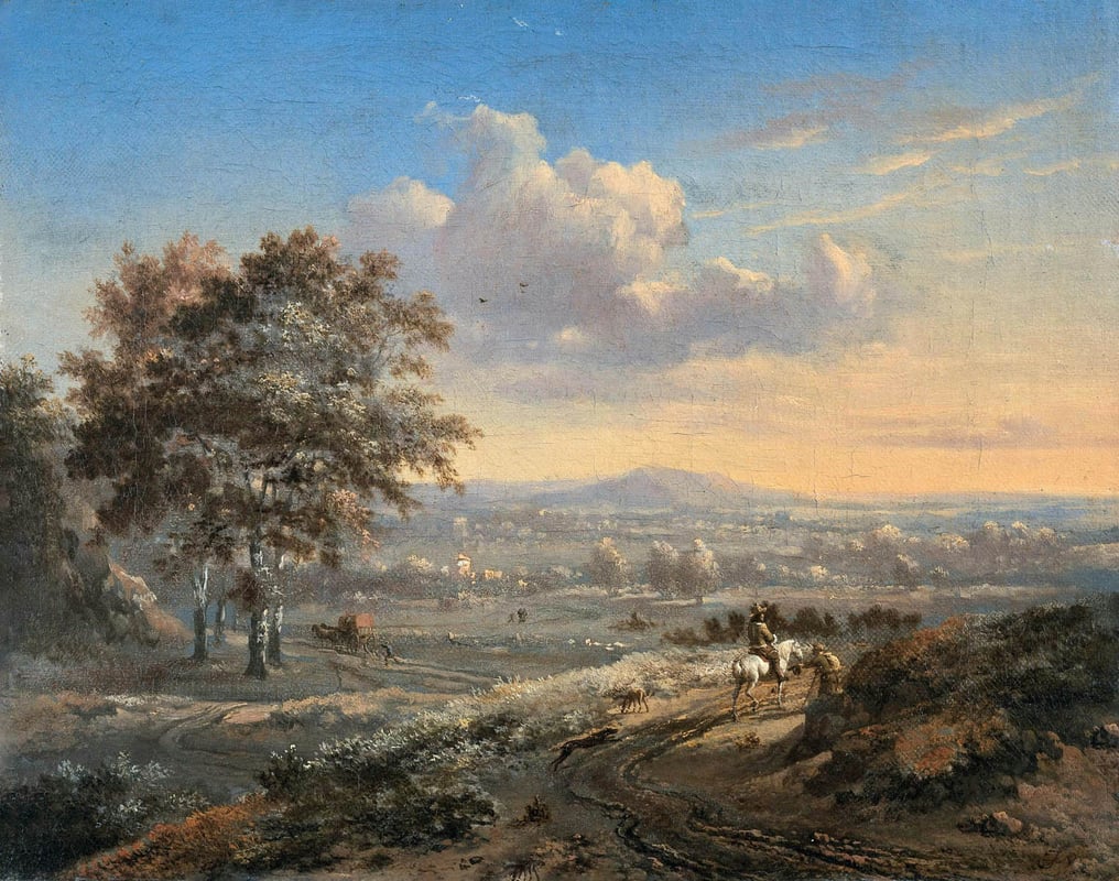 Painting of natural landscape with horse riders in the foreground and trees in the background.
