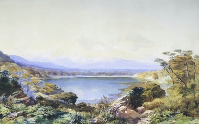 Painting of a lake at the base of mountains, surrounded by trees and foliage.