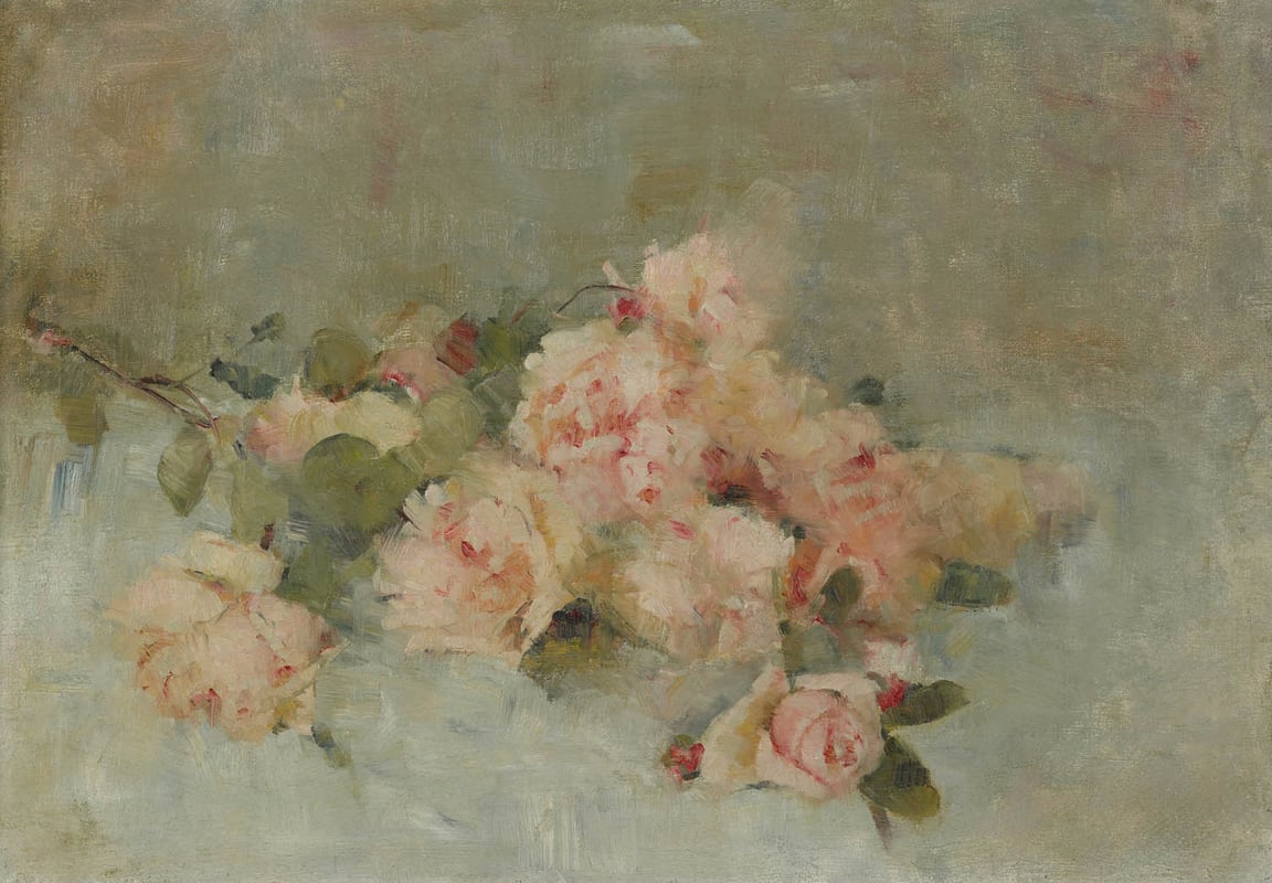 Painting of a bouquet of pale pink roses.