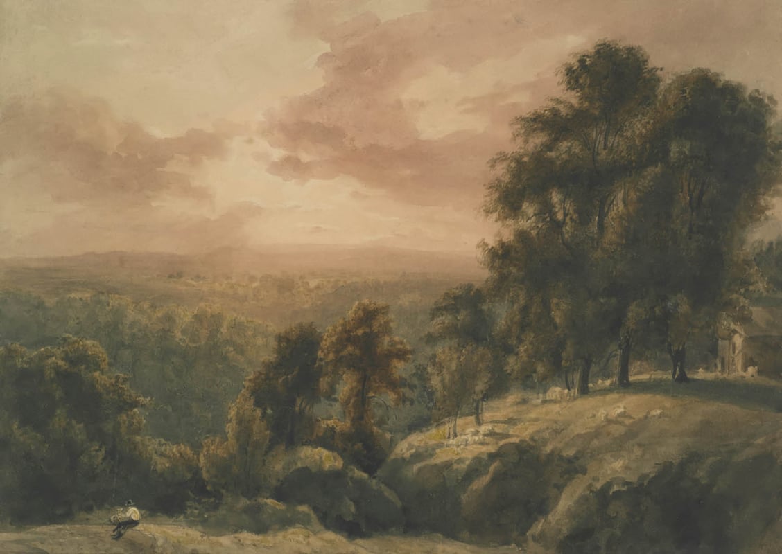Painting of a sunset over a tree-covered hill.