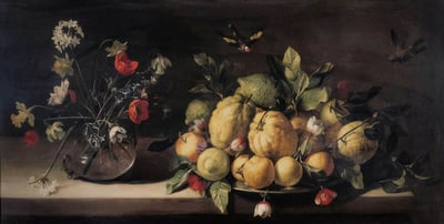 Classical painting of a still life arrangement including a bunch of flowers and a plate of fruit.
