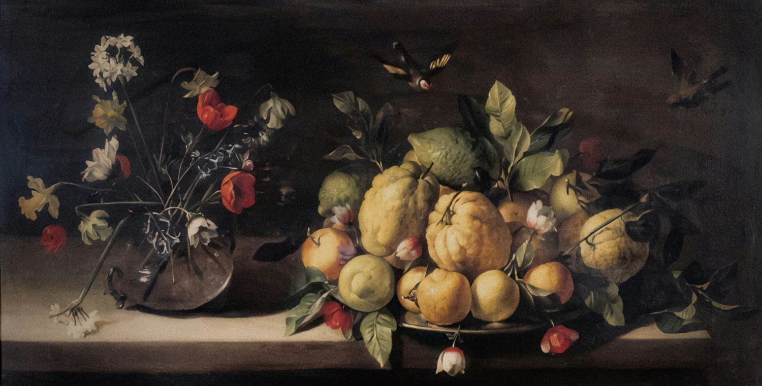 Classical painting of a still life arrangement including a bunch of flowers and a plate of fruit.