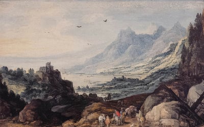 a painting of a rocky mountainous region