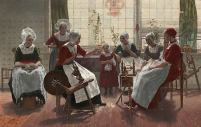 Painting of several women in traditionally styled red dresses, white aprons and white bonnets sitting in front of traditional wooden textile machines.