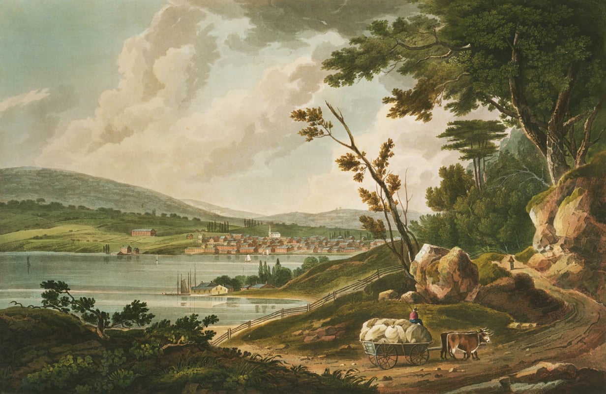 Classical painting of a town next to a large lake, with trees and a person in a wagon pulled by ox in the foreground.