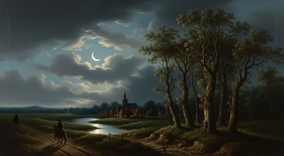 A classical painting of a landscape at night with the moon reflecting on water.