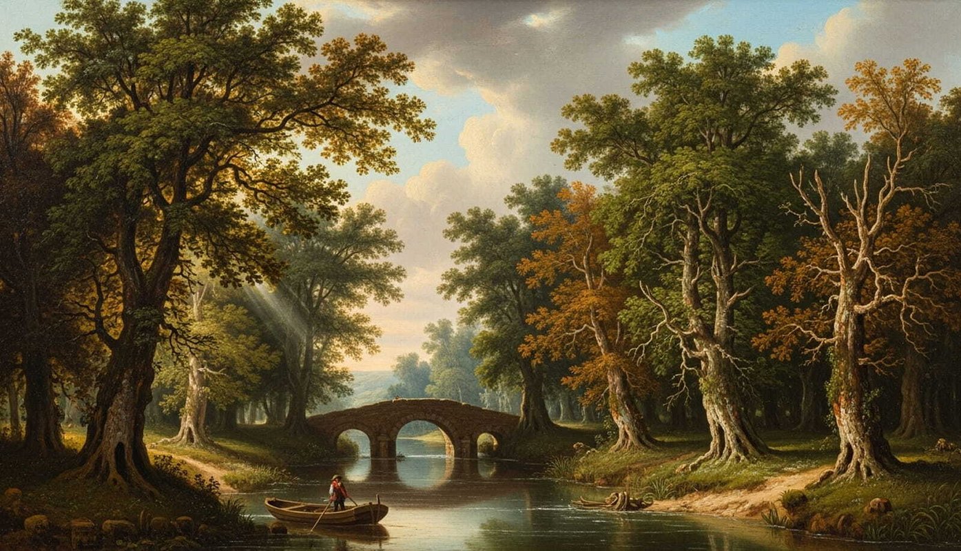 Painting of a bridge over a body of water in the woods with a person in a rowboat at the forefront