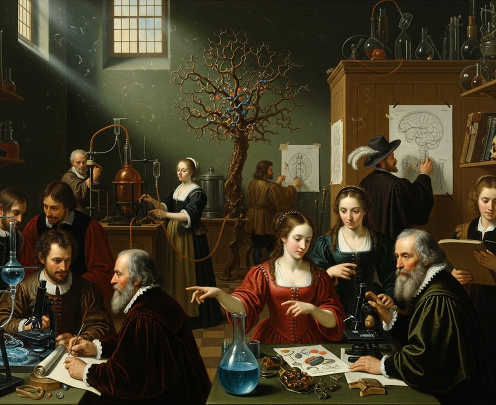 Fine art painting of people in a lab 