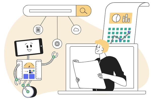 Artie the robot giving presentation on SEO and content strategy to human colleague