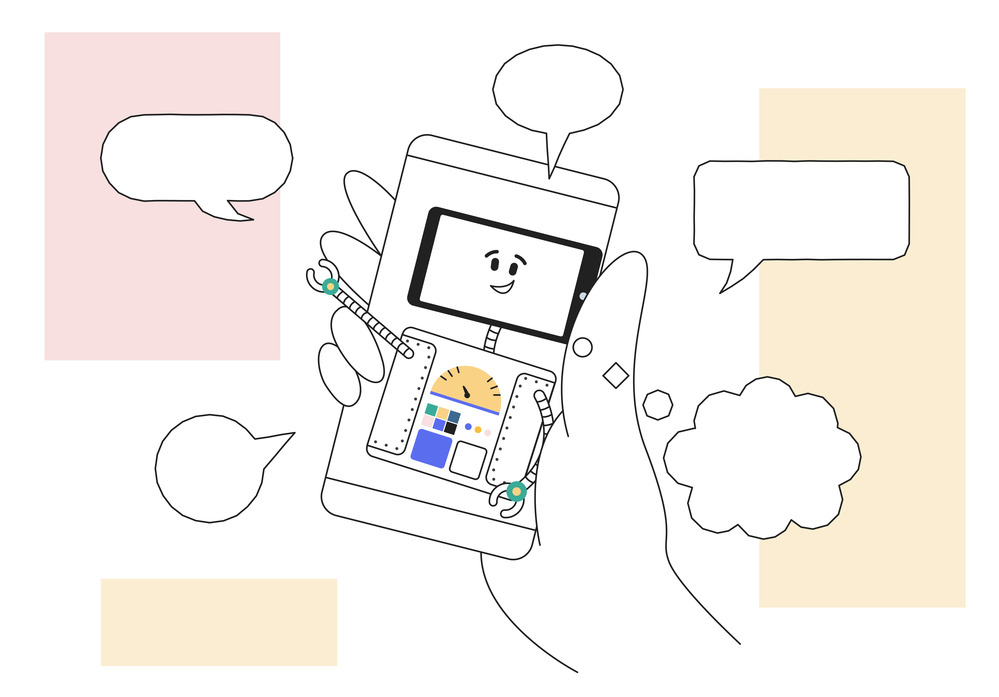 Illustration of a mobile device with message, comment and chat clouds surrounding it to demonstrate community and communication