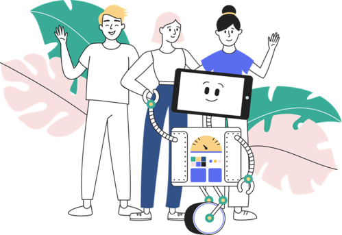 Three people and a robot smiling.