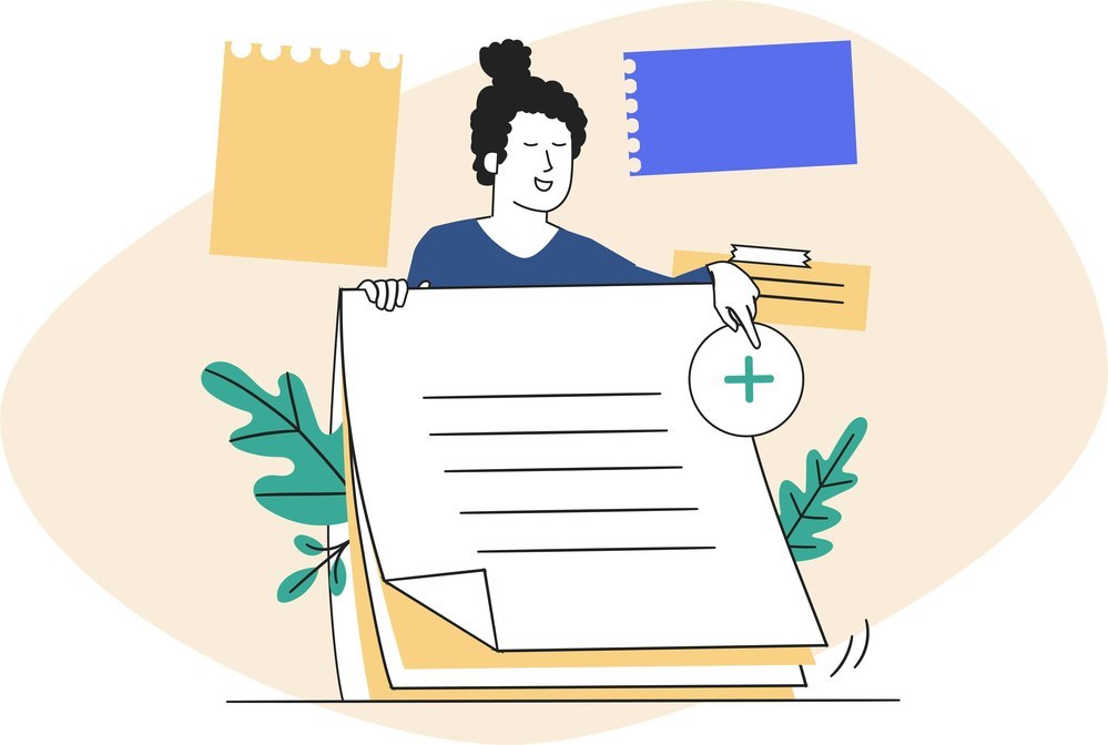 Woman pointing at a notebook illustration