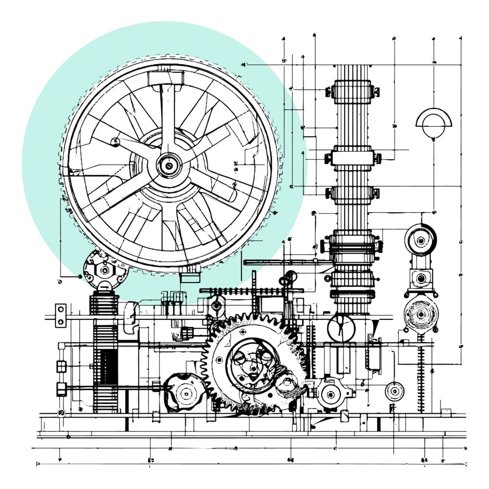 A schematic of a complex engine