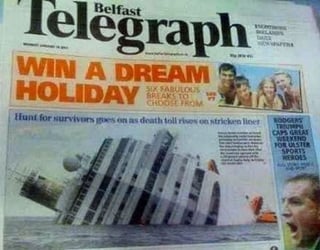 'Win a dream holiday' ad above picture of sinking cruise ship on newspaper cover