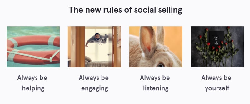 LinkedIn social selling profile - rules of social selling images with text 'Always be helping', 'Always be engaging', 'Always be listening', 'Always be yourself'