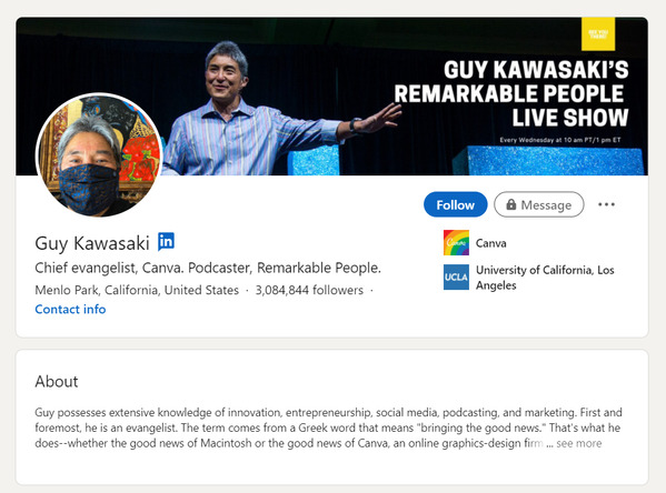 LinkedIn social selling profile 5 - Guy Kawasaki