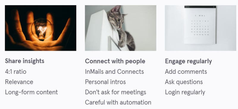 LinkedIn social selling profile 7 - share insights, connect with people, engage regularly images of a hand with a globe, a kitten and a calendar.
