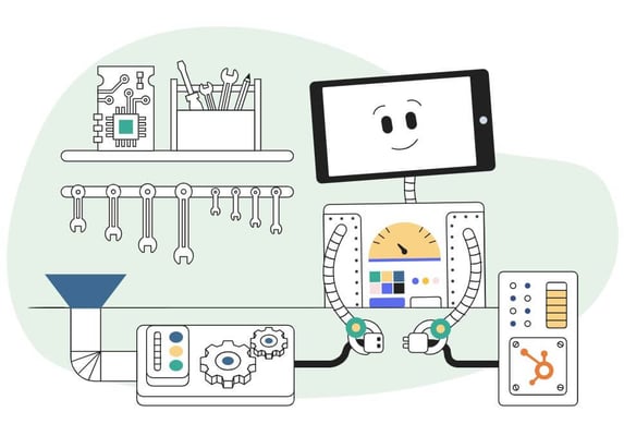 What is marketing automation and why do you need it? - image shows Artie the marketing automation specialist and Articulate's robot mascot putting together marketing automation the HubSpot
