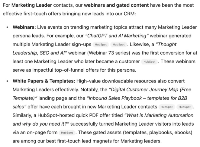 Snippet from ChatGPT conversation using the HubSpot integration, answering the question 'What are our best-converting offers for Marketing Leaders?'