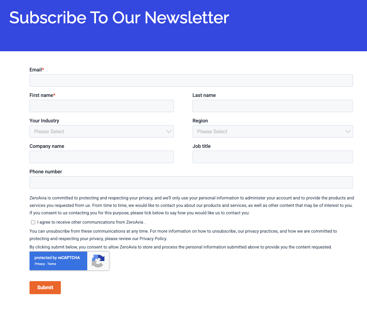 Newsletter sign-up form on the Zeroavia website.
