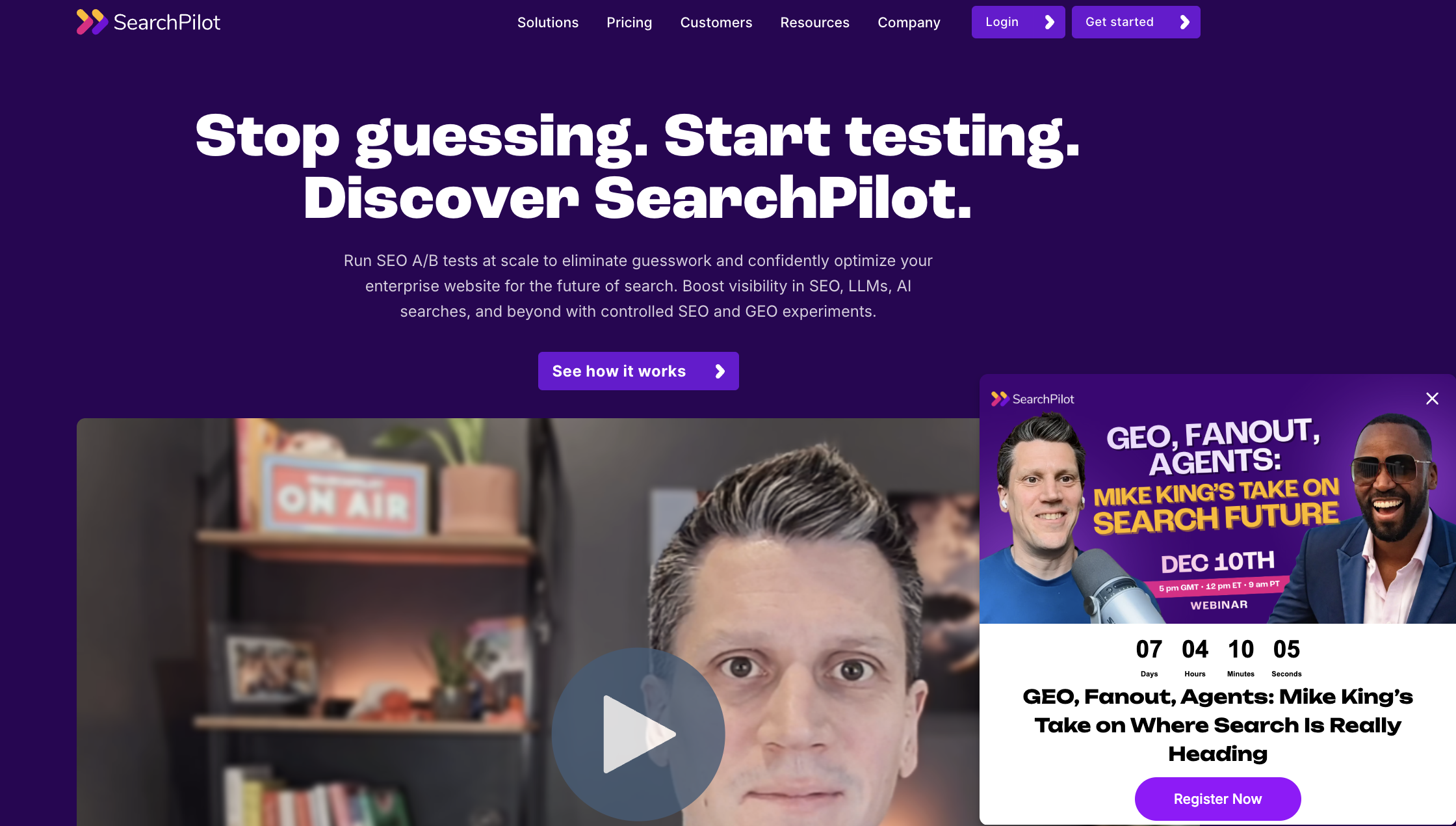The SearchPilot homepage with a slide-in CTA advertising the next webinar.