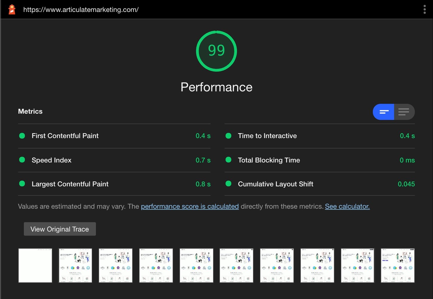 Screenshot of Articulate Markeing's website performance on PageSpeed Insights (blog How to optimise your HubSpot website for SEO and performance)